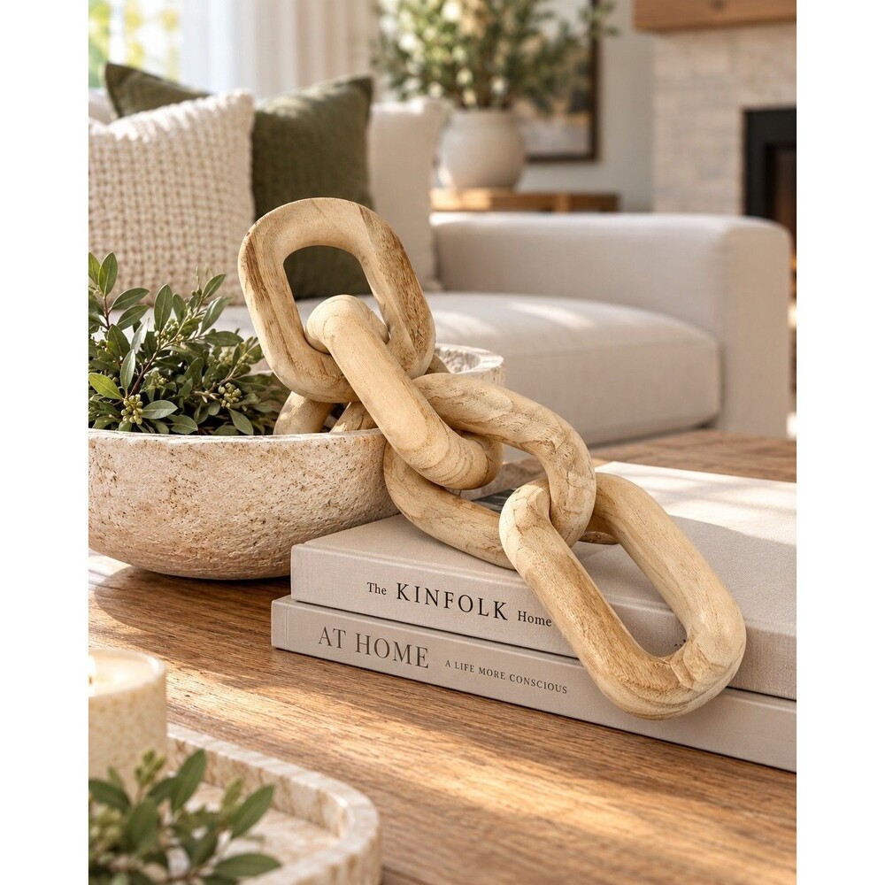 Hand Carved Wooden Chain Link Sculpture Boho Farmhouse Coffee Table Decor